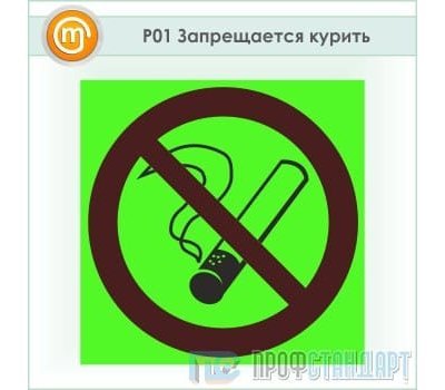 Знак P01 «Запрещается курить» (фотолюминесцентный пластик ГОСТ Р 12.2.143–2009, 200х200 мм)