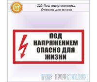 Знак (плакат) «Под напряжением. Опасно для жизни», S23 (металл, 300х150 мм)
