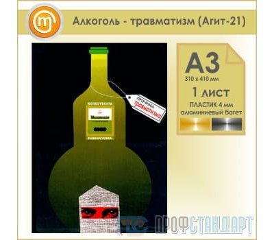 Плакат «Алкоголь - травматизм» (Агит-21, пластик 4 мм, алюминиевый багет, А3, 1 лист)